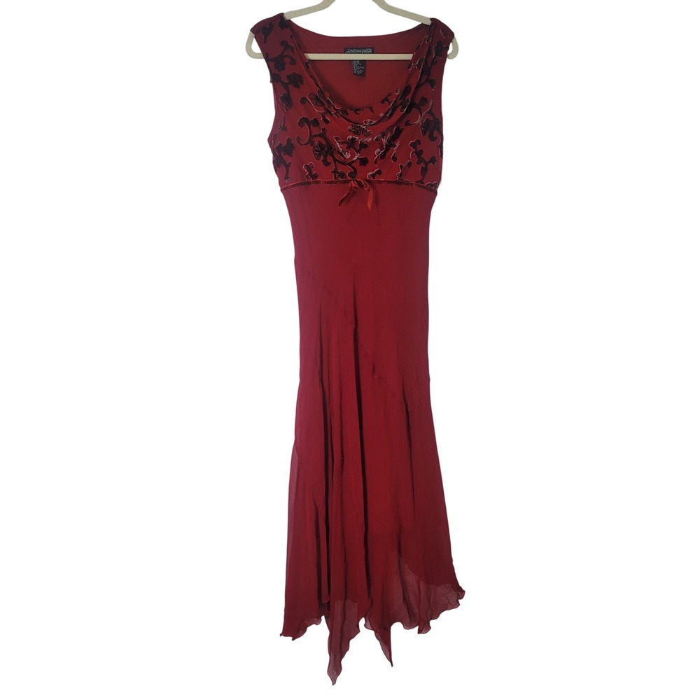 Jonathan Martin Red Silk Velvet Burnout Handkerchief Hem Cowl Dress Size 10 Y2K